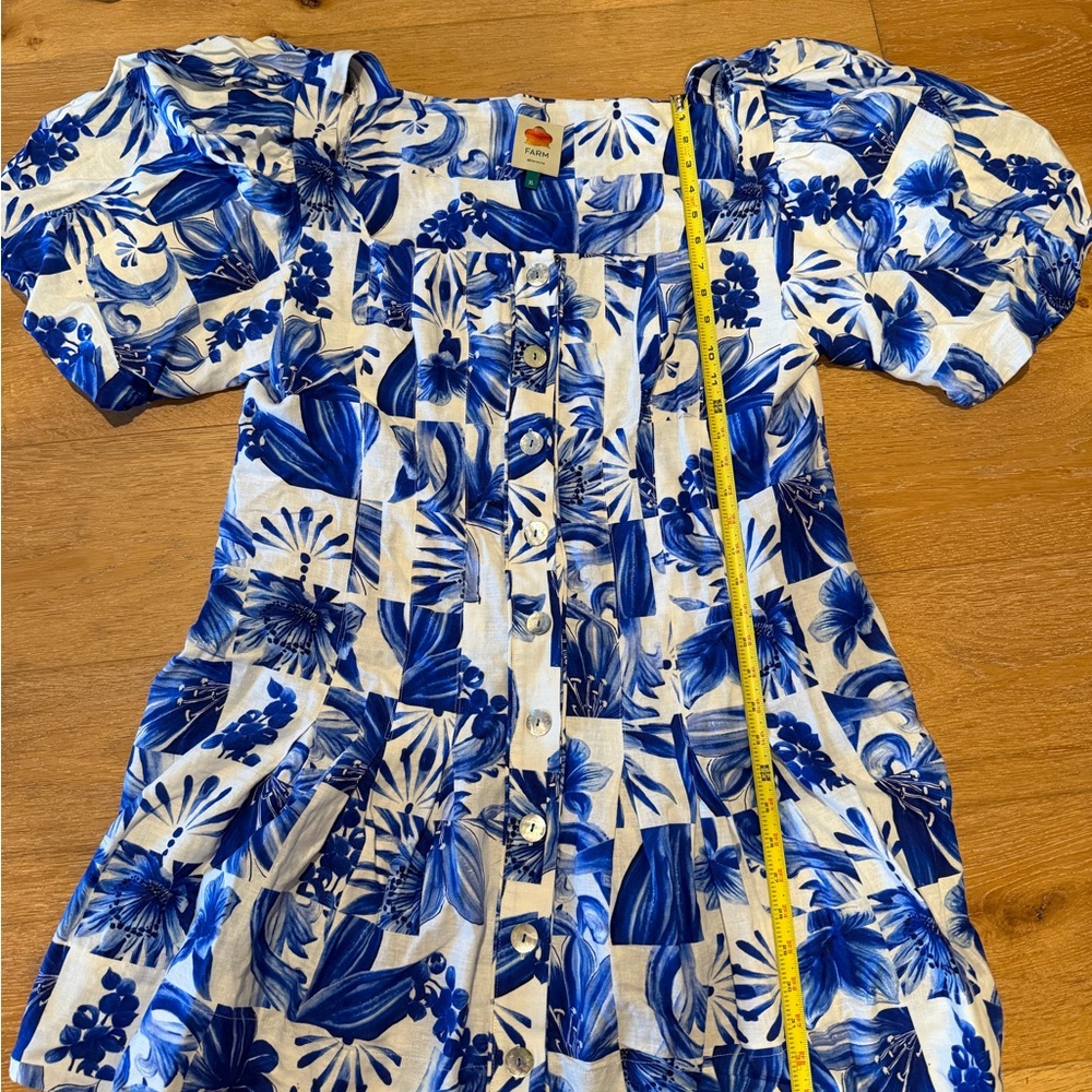 FARM Rio Blue and White Floral Button Front Puff Sleeve Dress - Picture 8 of 8